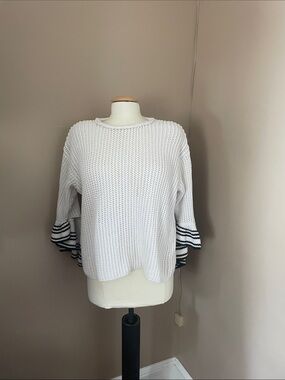 Women's White Knit Crewneck Sweater with Black Stripe Ruffle Sleeves